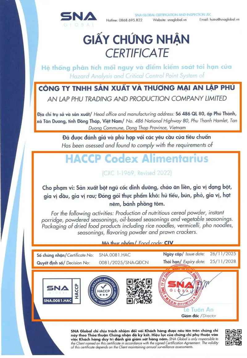 Mẫu giấy chứng nhận HACCP của SNA Global