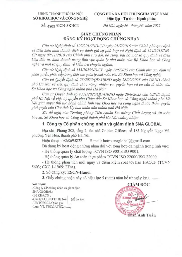 Giấy chứng nhận đăng ký hoạt động chứng nhận SNA Global